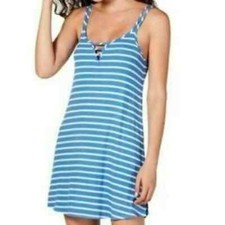 Jenni Ladder Front Scoop Neck Chemise Nightgown Blue and Yellow Stripe Large