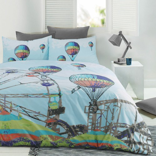 Carnival Quilt Doona Duvet Cover Set Bedding Hot Air Balloon Ferris Wheel Fete - Picture 2 of 3