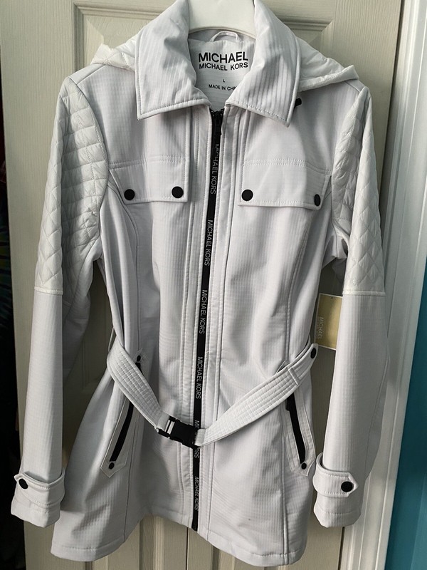 New  - Michael Kors Large White Hooded Belted Jacket Women’s Coat