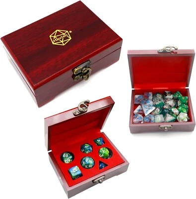 Haxtec Mystery DND Dice Set with Wooden Dice Case for D&D, Pathfinder, Warhammer