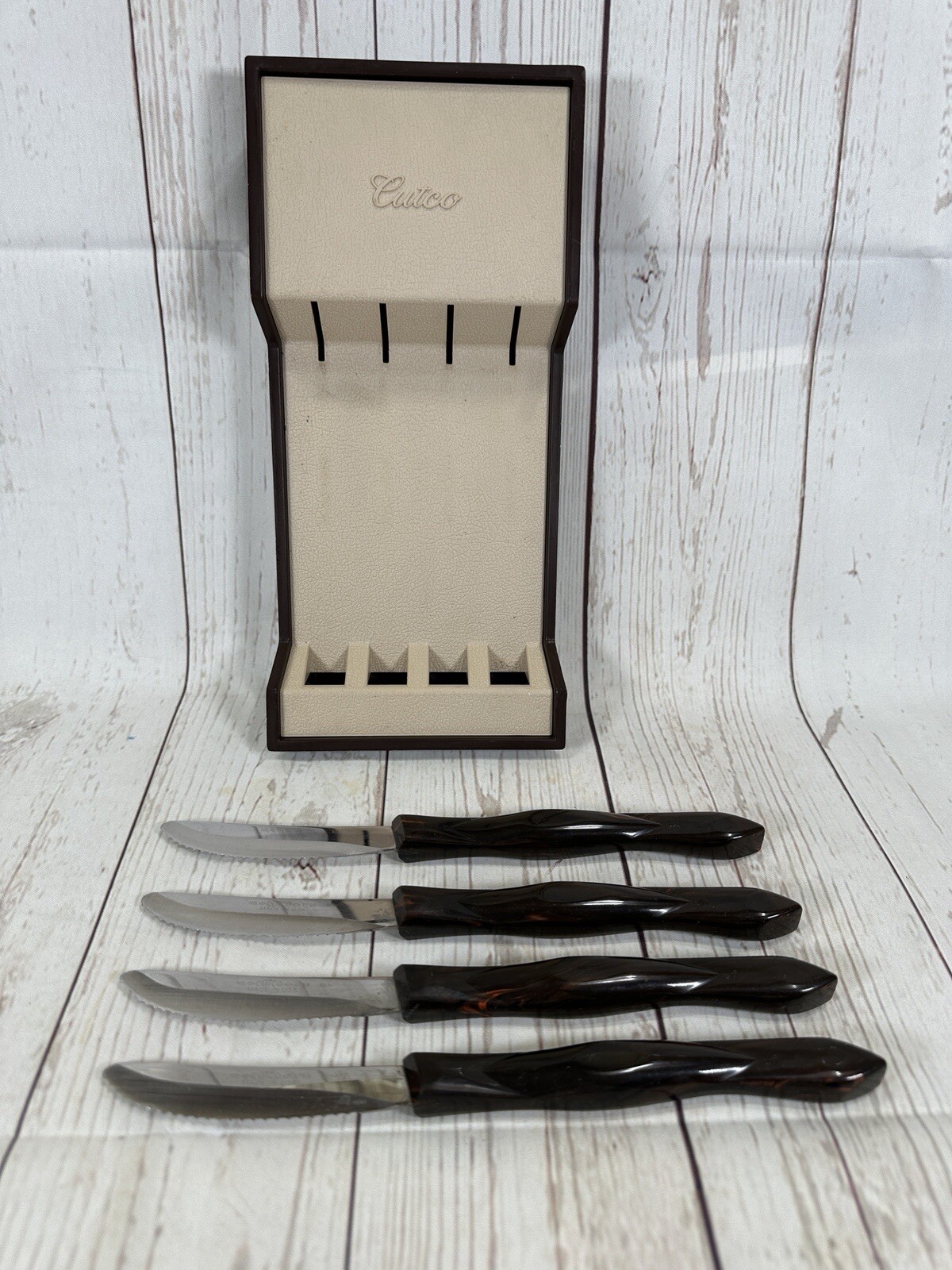 Cutco Steak Table Knives 1759 Dark Brown Handle Matching Set of 4 in Holder USA eBay