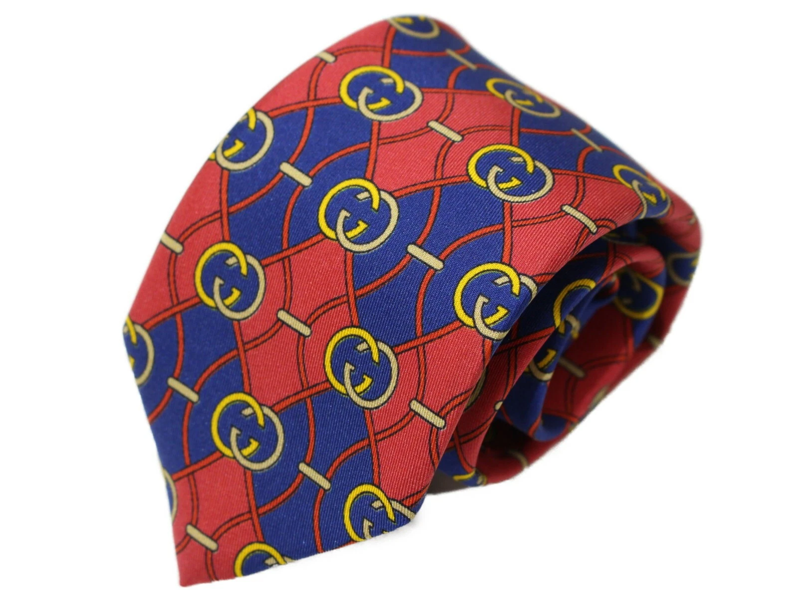 Cravate GUCCI en boîte, motif intégral, rouge, bleu, jaune, soie 100, accessoires de costume