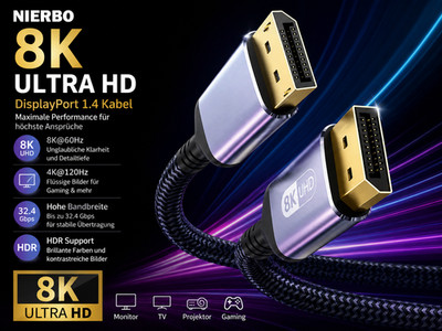 NIERBO DisplayPort-Kabel, 8K DP, 1,4 Kabel, 8K@60Hz, 4K@144Hz