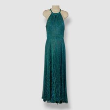 Betsy  Adam Women Green Metallic Halter Knit Sleeveless Gown Dress Size 4