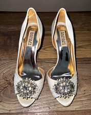 Badgley Mischka Ivory Satin D'Orsay Open Toe Rhinestone Stiletto Heel 7M