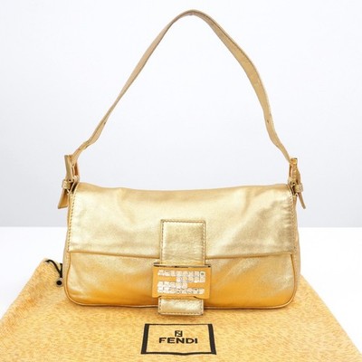 FENDI Mamma Baguette Shoulder Bag FF Logo Gold Leather Italy Auth