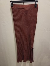 Olive t Oak Ribbed Knit Midi Skirt Size S Rust Orange Bodycon Side Slit  -00300
