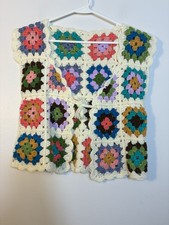 Boho Handmade Granny Square Crochet Tie Front Vest Measures M Colorful Hippie