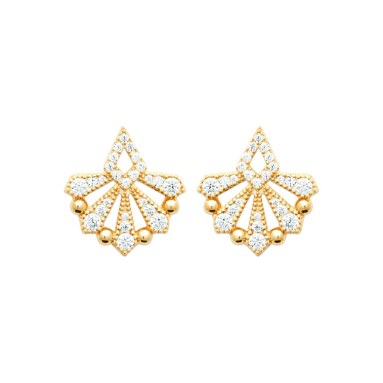 Boucles d'oreilles éventail en plaqué or 750/000 avec pierres en serti clos