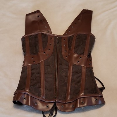 Brown Steampunk Faux Leather Waist Cincher Corset Boned Lace Zipper Buckle