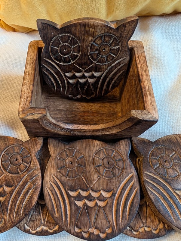 Wood Owl Crafted Coaster Set Of Six With Holder MCM Owl Cabin Collectible Decor 