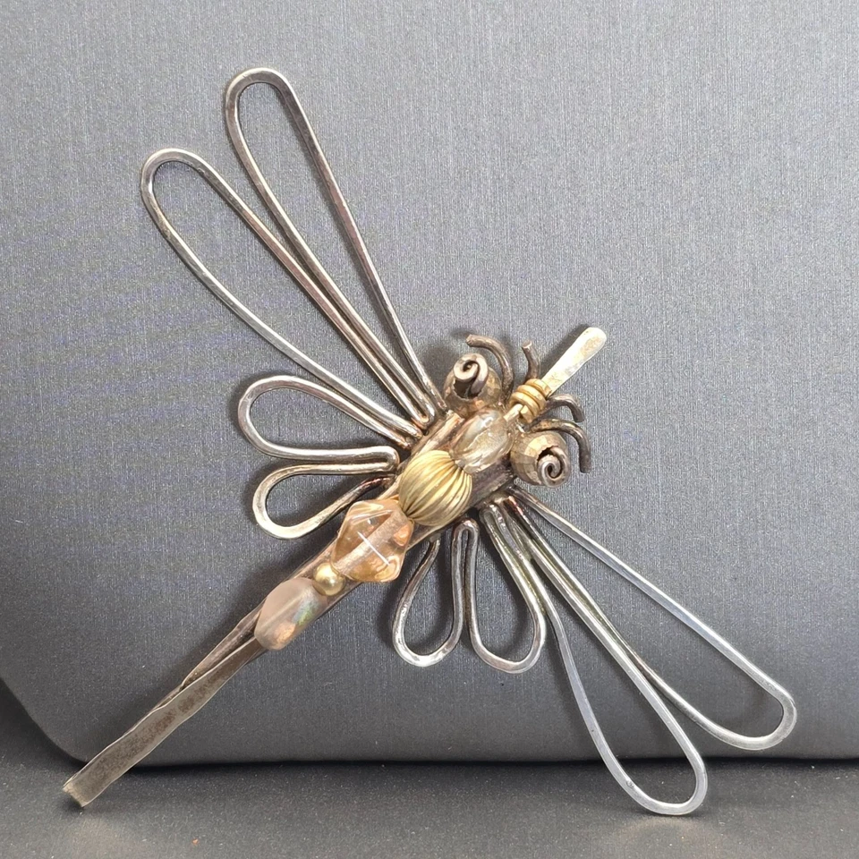 Broche libélula prata esterlina vintage feito à mão 2,5" contas de vidro 7,37 g - Imagem 2 de 4