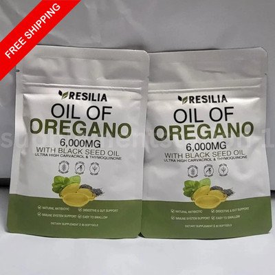 2 Sealed Resilia Oil Of Oregano 6,000 Mg, With Black Seed Oil, 60 Softgels Each 