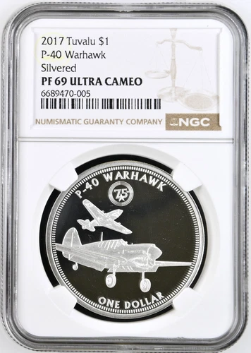 2017 Tuvalu $1 Dollar Silver Elizabeth II WWII Fighter P-40 WARHAWK NGC PF 69UC