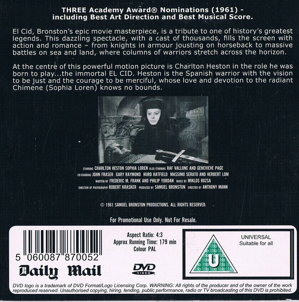 El-Cid  - Charlton Heston, Sophie Loren -Full Film Promo DVD - Image 2 of 2