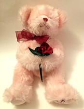 Russ Berrie ROSE Pink Plush Teddy Bear Holding Rose LOVE Embroidered on Foot 16"