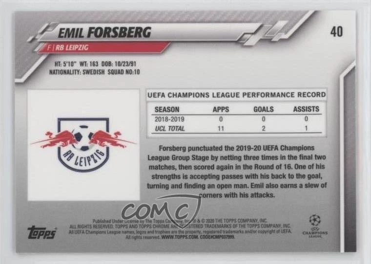2019-20 Topps Chrome UCL Emil Forsberg #40 - Image 2 of 2