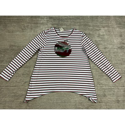 Sophia & Jayne Tunic Womens L White Red Green Striped Sequin Ornament Sharkbite