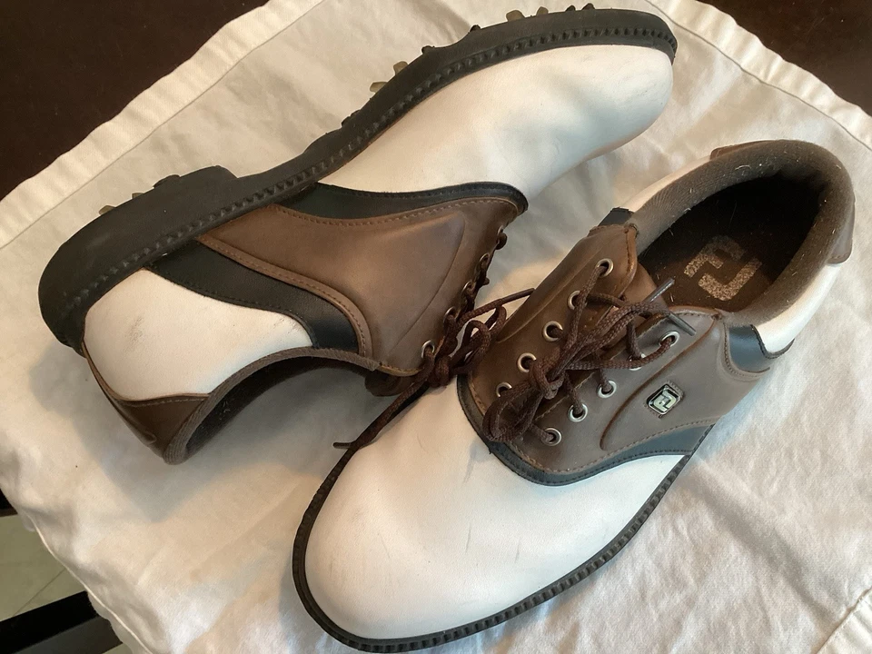 Туфли для гольфа мужские Footjoy 45330 белые коричневые кожаные с круглым носком на шнуровке размер 7 1/2 - Изображение 3 из 4
