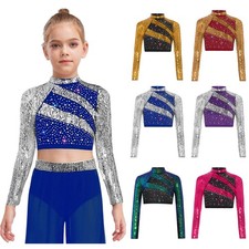 Kids Girls Hip Hop Lyrical Dance Tops Sequins Dancewear Stage Performance Shirt