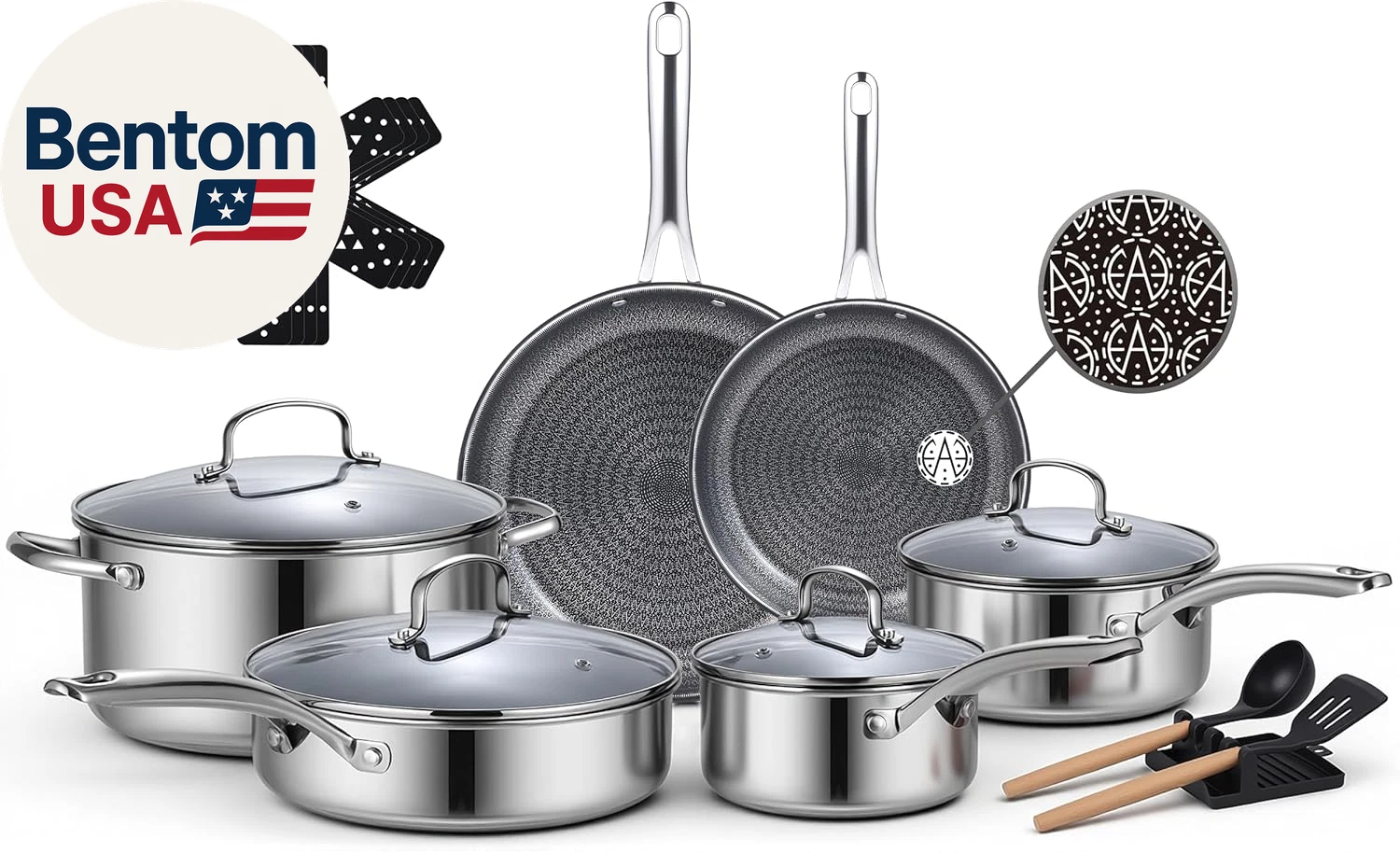 17 Pcs Nonstick Stainless Steel Cookware Set, Hybrid Stainless Steel Pots and Pa