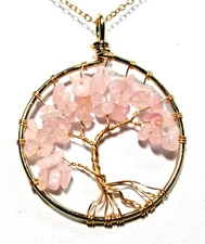 Gold Tone Rose Quartz Semi Precious Stone Tree Of Life 20" Necklace NWOT (#2989)