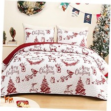 Christmas Quilts Queen Size, White and Rust Red Full/ Queen Reindeer Red
