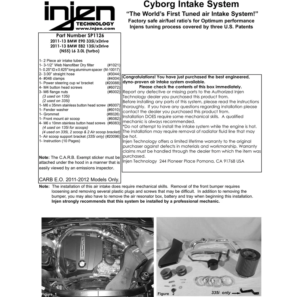 Injen SP1126P 短轮冷进气口适用于 2011-13 宝马 135i E82 / 335i E90 3.0L — 第 3/4 张图片