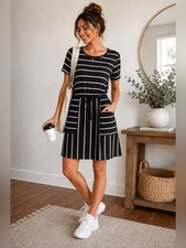 Emery Rose Black White Striped Midi Dress Size Medium Tie Waist Short Sleeve