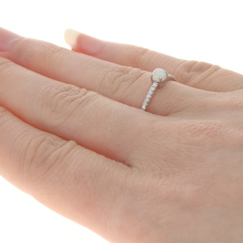 White Gold Opal & Diamond Ring - 14k Round Cabochon Cut .29ctw - Picture 5 of 10