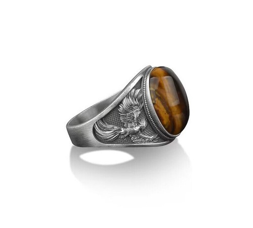 Winged Phoenix 925 Silver Signet Men's Ring With Tiger's Eye Gemstone Men Ring