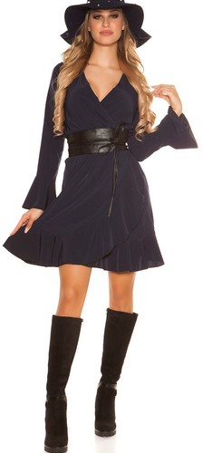 Sexy Miss Femmes V Robe Midi Manches Longues Volant Drapé Look 34/36/38 Bleu - Photo 14 sur 14