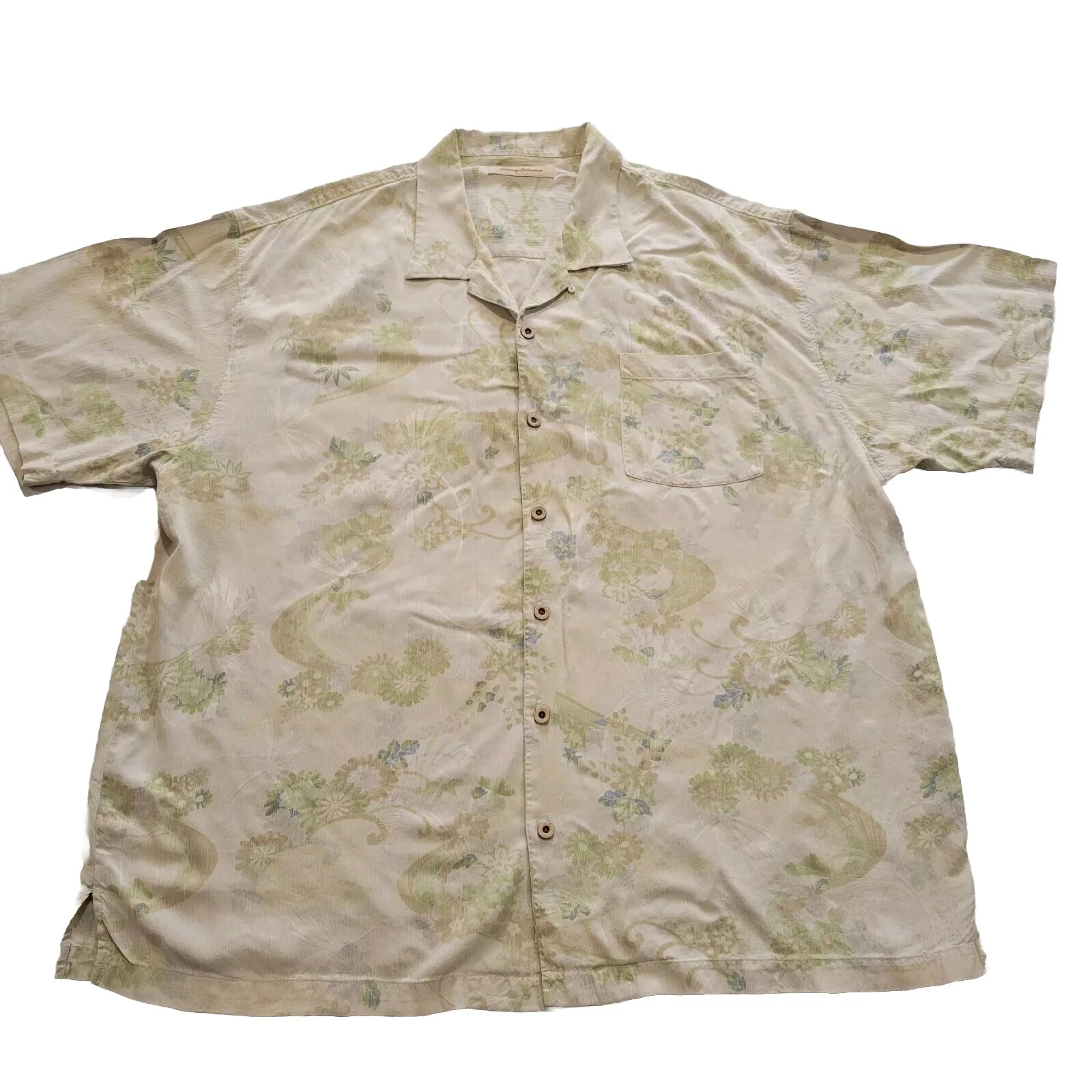 Tommy Bahama 100% silk mens hawaiian shirt green blue tan floral