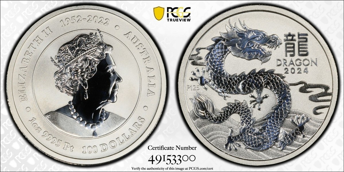 2024 1 Oz PLATINUM $100 Australia LUNAR YEAR OF THE DRAGON PCGS