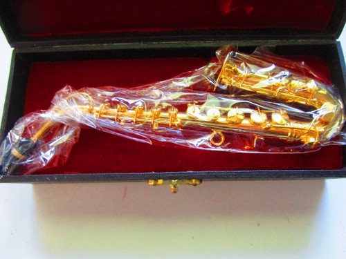 6" GOLD TONE METAL SAXOPHONE ORNAMENT WITH DARK WOOD BOX BRAND NEW FACTORY WRAP