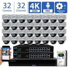 32 Channel 32 4K 8MP 5X Motorized Zoom Mic IP POE AI Dome Security Camera System