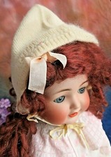 ANTIQUE baby DOLL BONNET hand knit ANGORA wool CREAM pink rose buds Fits 20"