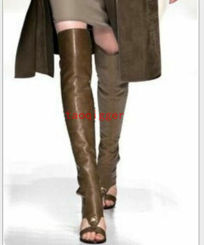 Women Gladiator Shoes Leather Open Toe High Heels Knee High Roma Sandals Boots - Picture 2 of 7