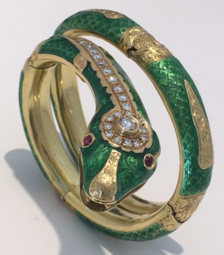 Vintage French Enamel Serpent Snake 18K Yellow Gold Diamond Ruby Bracelet - Picture 3 of 13