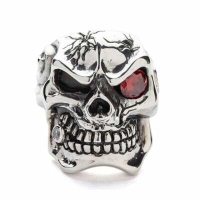 925 Sterling Silver Red Garnet Eye Mafia Pipe Skull Ring Biker