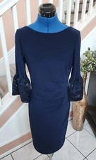 RALPH LAUREN Blue Boat Neck Side Ruched 3/4 Lace Bell Sleeve Stretch Dress Sz 6