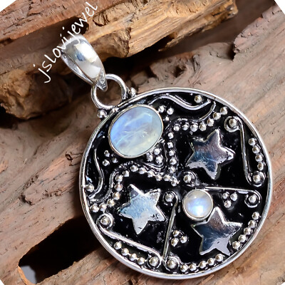 Rainbow Moonstone Oval Gemstone 925 Sterling Silver Birthstone Oxidized  Pendant