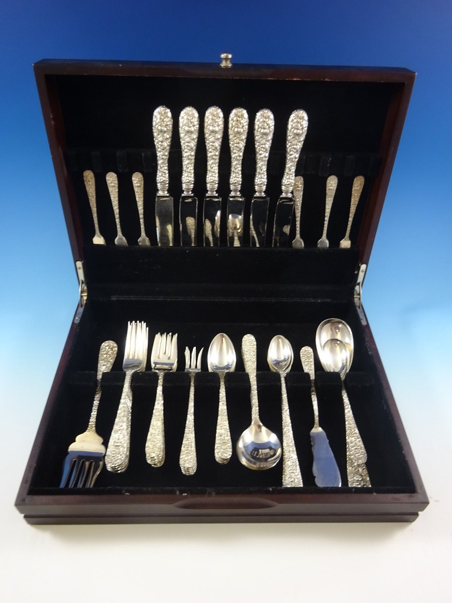 Rose by Stieff Repousse Sterling Silver Flatware Set Service 52