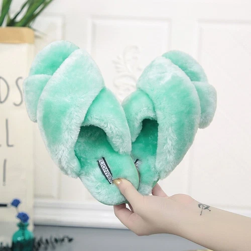 Damen Plüsch Hausschuhe Kunstfell Slipper warm pelzig flach Schuhe offene Zehenpartie grün - Bild 15 von 25