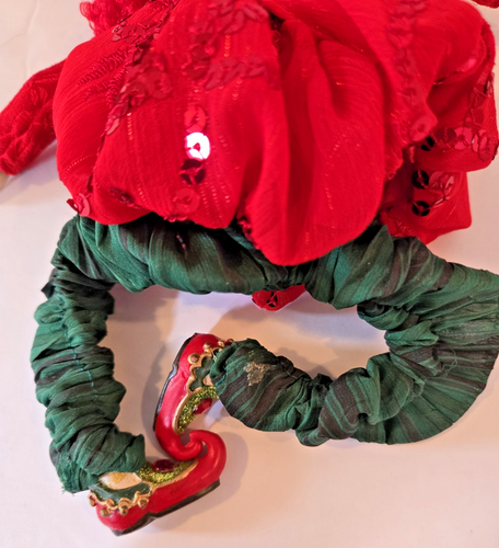 VINTAGE LADY ELF JESTER SHELF SITTER HARLEQUIN RED GREEN BEADED 13" UNUSUAL - Picture 14 of 14