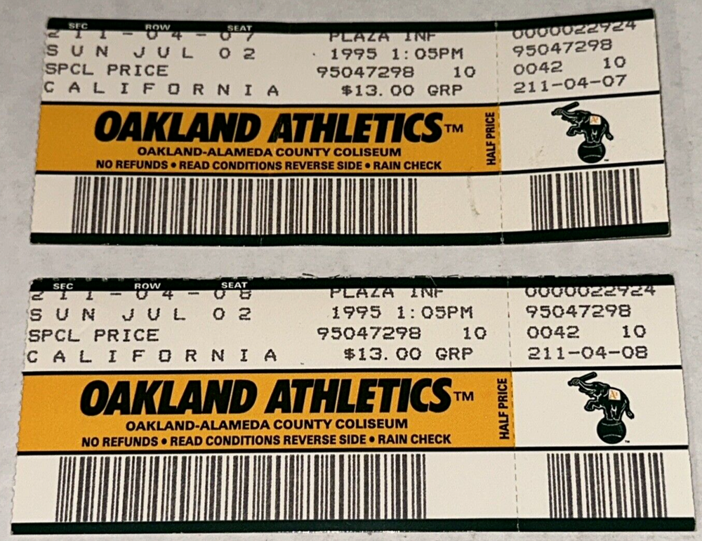 7/2/95 Oakland As Angels Season Ticket Stub Ariel Prieto MLB Debut Edmonds HR