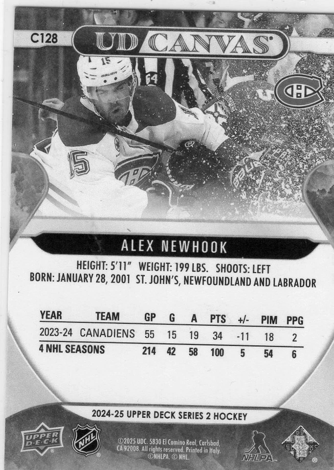 2024-25 Upper Deck UD Canvas Black and White C128 Alex Newhook - Image 2 of 2