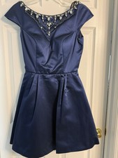 Sherri Hill 50534 Blue Mini Fit And Flare With Embellished Neck Size 4