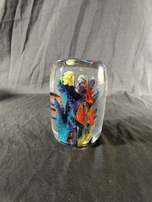 Vintage Glass Paperweight Cylinder 6 Fish Ocean Reef Scene 4'' H , 2.5'' W