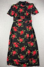 ASOS DESIGN Black Red Rose Floral Dress Puff Sleeve Mock Neck US 4